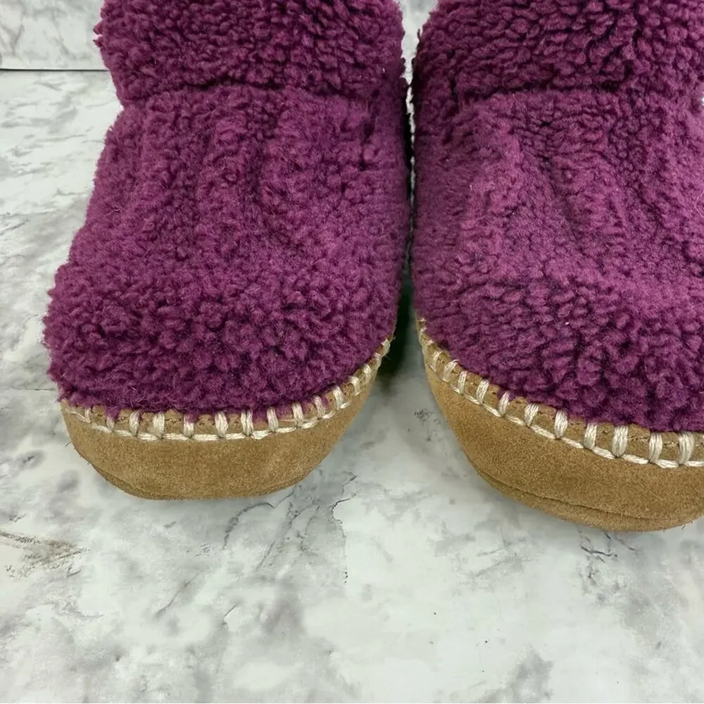 L.L.BEAN Kid’s Cozy Slipper Booties, Pile Fleece Plum Leather Sole Sz 12/13